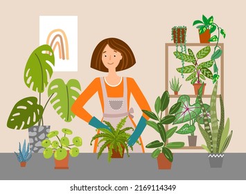 Woman taking care of plants. Vector illustration. Urban jungles. Plants are friends. Culd be used for web, notebook, phone case, etc