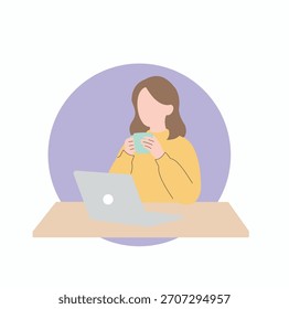 Mujer tomando un descanso para tomar café mientras trabaja en la computadora portátil, relajándose y disfrutando de la bebida caliente Ilustración plana