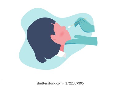 Woman taking Coronavirus (COVID-19) or DNA test by nasal (nose) swab probe. Cartoon Flat Vector Illustration. - Shutterstock ID 1722839395