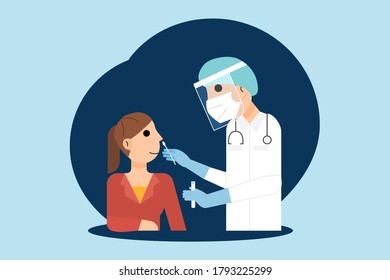 A woman taking covid19. A doctor in a protective suit taking a nasal swab probe from a person to test for possible coronavirus infection.  Illustration Cartoon Flat Vector Icon sign symbol.