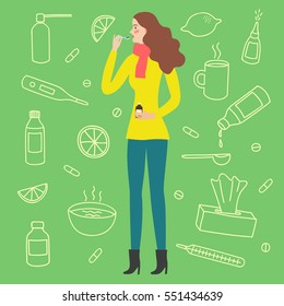 Woman taking a cure for flu. Including doodle treatment elements on background, such as pills, syrups, food. Hand drawn health-care elements for your design.