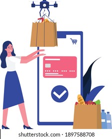 Woman taking delivery package from drone. Flat design illustration. Vector