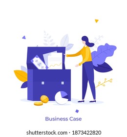 Woman taking documents and money from briefcase. Concept of business case, company portfolio, venture capital investment firm, financial management. Modern flat vector illustration for poster, banner.