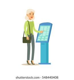 Woman Taking Electronic Queue Ticket. Bank Service, Account Management And Financial Affairs Themed Vector Illustration