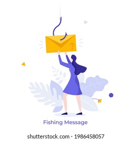 Woman taking envelope put on hook. Concept of fishing electronic message, suspicious e-mail, scam letter with dangerous link, internet fraud. Modern flat colorful vector illustration for banner,poster