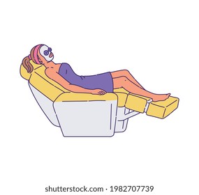 Woman taking facial treatment in spa salon comfortable chair, sketch vector illustration isolated on white background. Beauty industry and body care procedures.