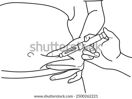 Woman Taking Fat Dissolving Injection, medical cosmetic procedures for skin. Hand drawn in thin line style
