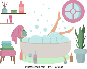 Woman taking foam bath at home