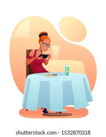 Woman taking food picture vector illustration. Internet blogger sitting at restaurant table flat character. Meal photographing. Cafe visitor, bistro client, restaurant critic. Work, hobby concept