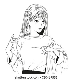 A woman is taking her jacket off. Asian style. Illustration. Vector.