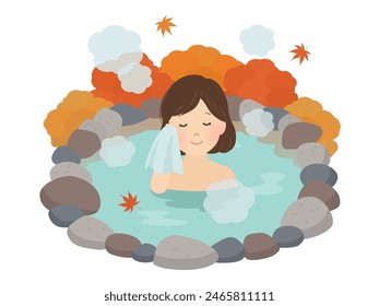 A woman taking a hot spring bath while enjoying the autumn leaves_vector illustration
