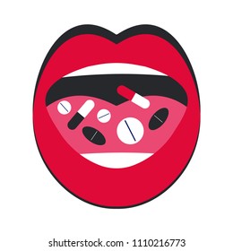 Woman Taking Many Pills. Overdose Of Drugs. Girl With Open Mouth. Vector Illustration