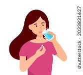 Woman taking medicine for illness treatment. Female take vitamin or supplement capsule pill with water.	