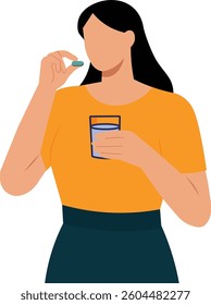 Woman taking medicine for illness treatment. illustration