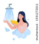 Woman taking morning shower in bathroom. Beautiful female character washing herself. Idea of beauty and hygiene. Isolated vector illustration in cartoon style