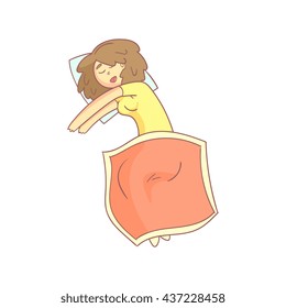 Woman Taking A Nap In Bed Flat Outlined Pale Color Funny Hand Drawn Vector Illustration Isolated On White Background