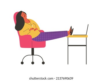 Woman taking a nap in chair at home behind a laptop, flat vector illustration isolated on white background. Sedentary and laziness, sloth day concept.