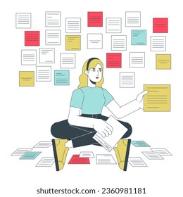 Woman taking notes flat line concept vector spot illustration. Remember everything. Worker 2D cartoon outline character on white for web UI design. Productivity editable isolated color hero image