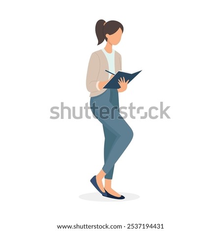 Woman taking notes flat vector illustration. Secretary writing down tasks in notebook isolated on white background