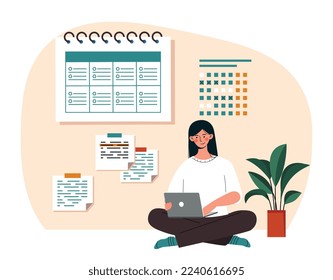 Woman taking notes with laptop. Young woman sitting in lotus position with computer on background of calendar. Time management and organization of efficient workflow. Cartoon flat. 3D Illustration