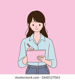una mujer tomando notas en un cuaderno. Diseño de ilustración de línea mínima.