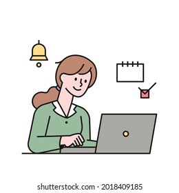 A woman is taking notes on a checklist alarm on her laptop. outline simple vector illustration.