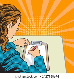 Woman taking notes on paper.retro pop art comic style illustration