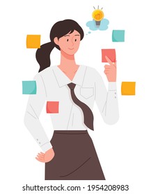 A woman taking notes and reviewing ideas. Business concept vector illustration.