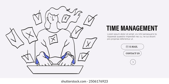 Woman taking notes scheduling and organizing work in office or making timetable for university studies. Time management, work planning. Personal productivity. Line vector illustration in doodle style.