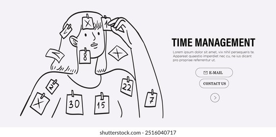 Woman taking notes scheduling and organizing work in office or making timetable in calendar. Time and tasks management, work planning. Personal productivity. Line vector illustration in doodle style.