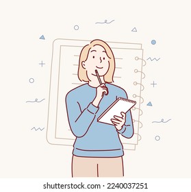  woman is taking notes and think. Hand drawn style vector design illustrations.