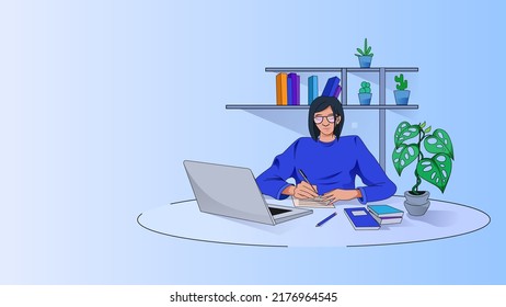 woman taking notes while using laptop at home. woman cartoon character 