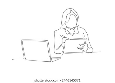 Woman taking notes while working from home.Working from home one-line drawing