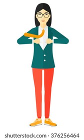 Woman taking off jacket.