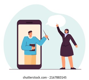 Woman taking online lessons. Man in mobile phone giving lesson to woman in suit. Education, technology concept for website or landing page concept for website or landing page