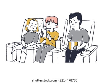 A Woman Taking Out Her Smartphone And Using It While A Movie Is Being Shown.Illustration Calling For Smart Phone Etiquette