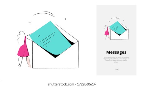 Woman taking out a letter from the big envelope. No incoming e-mail messages, sms yet - vector illustration concept in hand drawn minimal style. Product category, empty state card. Onboarding screen.