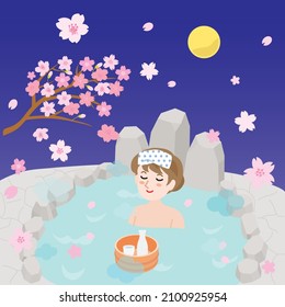 A woman taking outdoor bath in the spring.