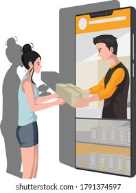 A woman taking the package from online delivery service illustration