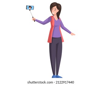 Woman taking phone selfie vector illustration. Teenager lifestyle. Video streamer. Adolescent girl makes self portrait with smartphone on monopod. Lady uses modern technology to create photographs