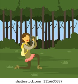 Woman taking photo with photo camera on nature background, flat vector illustration