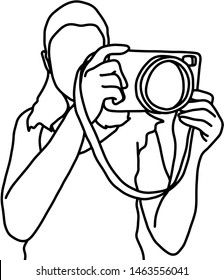 woman taking photo with camera vector illustration sketch doodle hand drawn with black lines isolated on white background