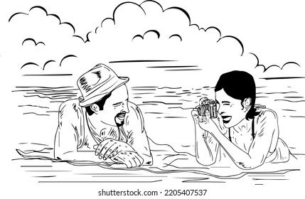 Mujer tomando una foto de su marido en la playa durante las vacaciones dibujando un vector de ilustración, novia sacando una foto de su novio dibujando un dibujo de sketch, Pareja en la playa dibujando una caricatura