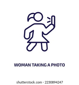 woman taking a photo icon from people collection. Thin linear woman taking a photo, woman, young outline icon isolated on white background. Line vector woman taking a photo sign, symbol for web and 