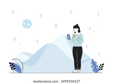 Woman taking photo of landscape. Young girl with smartphone takes pictures of field and mountains at night. Outdoor photographer. Beautiful natural panorama. Linear vector illustration