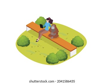 Woman Taking Photo Selfie With Orangutan At Zoo. Ecotourism Isometric Vector Concepts