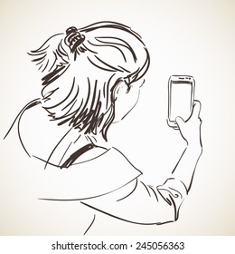 Woman taking photo with smart phone, Hand drawn illustration, Vector sketch