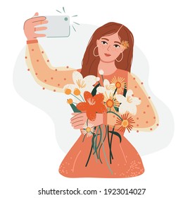 Woman taking a photo with smartphone in hand concept.Social media influence.Cute blogger girl with flowers make selfie.Spring time.Modern flat illustration.Happy moments.Posing self-portrait.Lifestyle