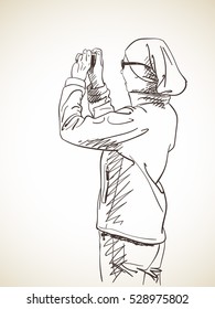 Woman taking photo using compact camera, Hand drawn illustration Vector sketch
