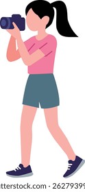 A woman taking a photo using a DSLR. Female character taking a photo. Happy girl takes pictures. Modern young woman holding a photo camera. 